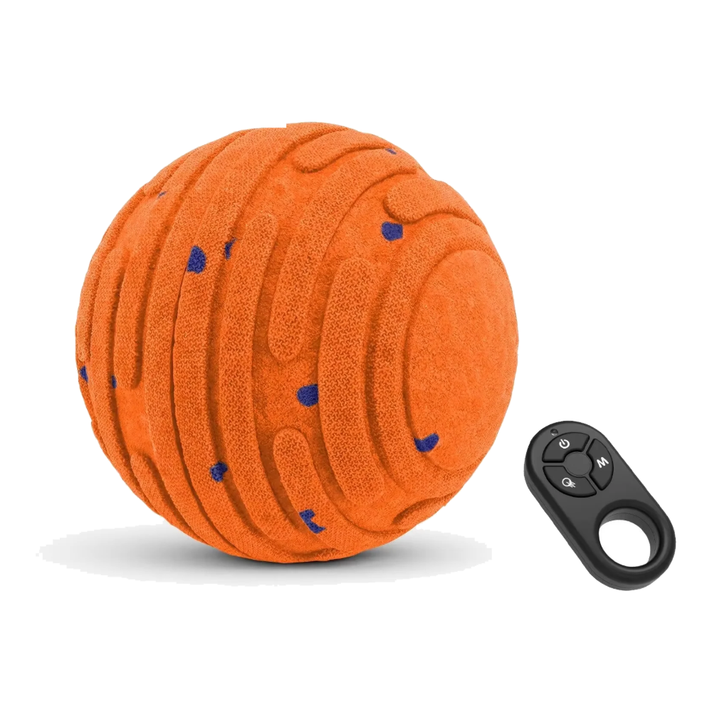 Pelota interactiva para perros naranja con puntos azules y mando a distancia