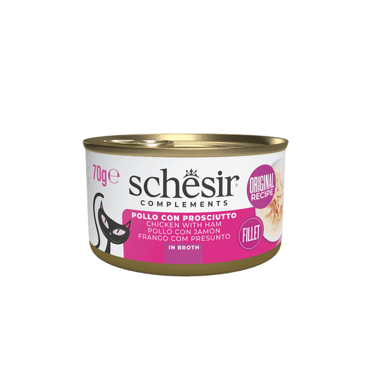 Schesir Lata pollo con jamón en caldo 70 gr para gatos