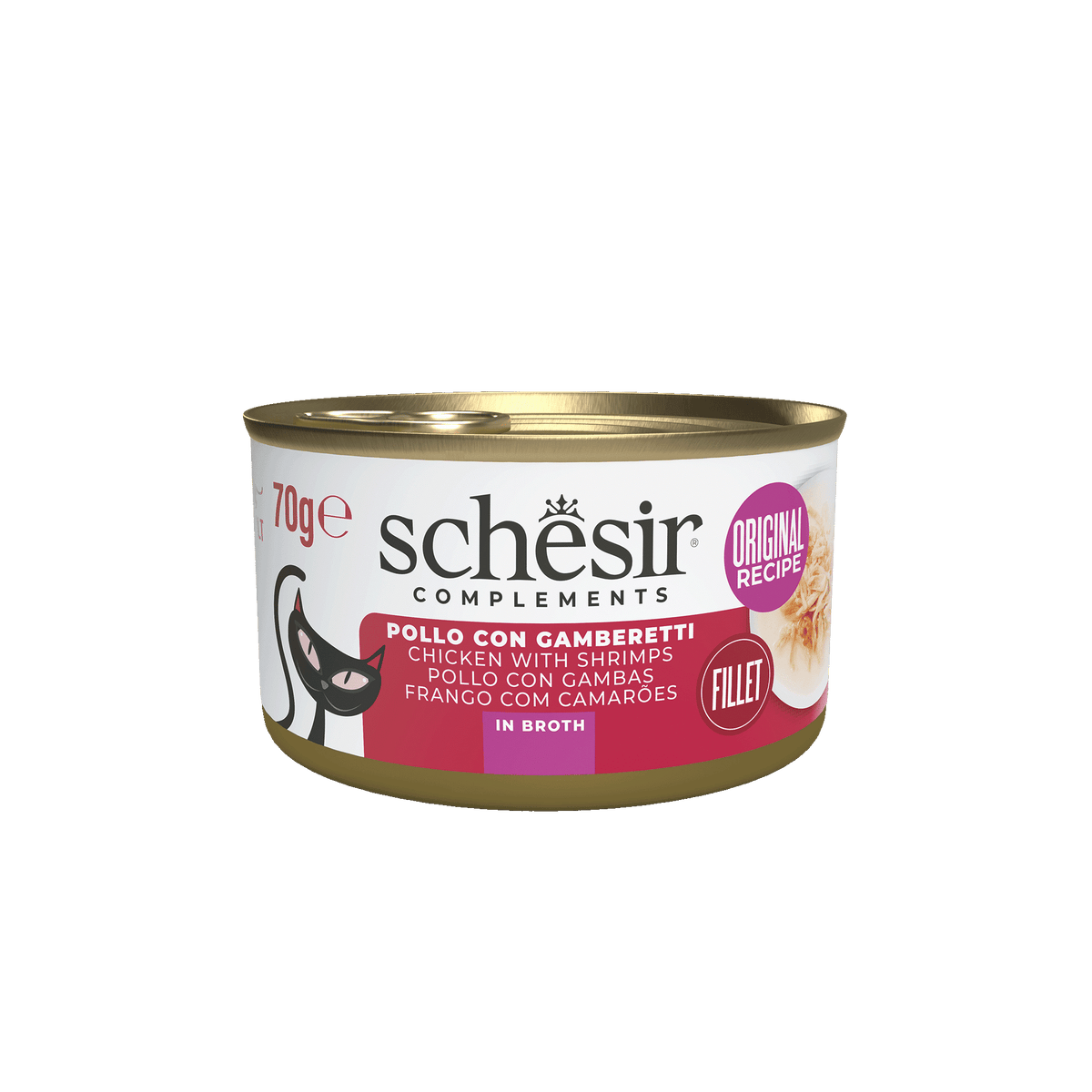 Schesir Lata Filetes de pollo con gambas 70g en caldo para gatos