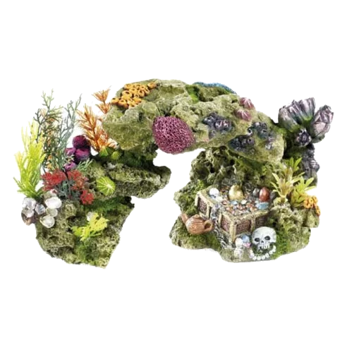 Rocas y plantas con tesoro para acuario