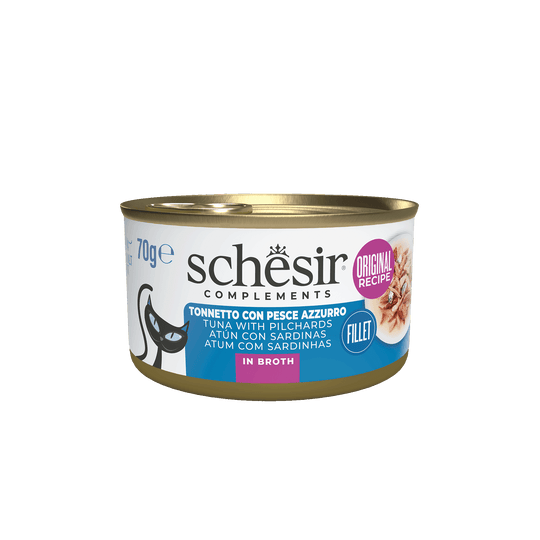 Schesir Lata Atún con pescado azul caldo 70g para gatos
