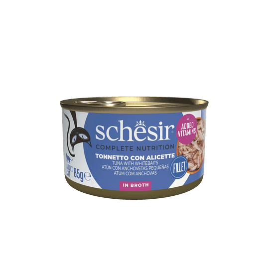 Schesir Lata Atún y anchovetas pequeña con arroz al natural 85g alimento completo para gatos