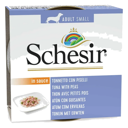 Schesir atún con guisantes en salsa para perros, lata 85 g