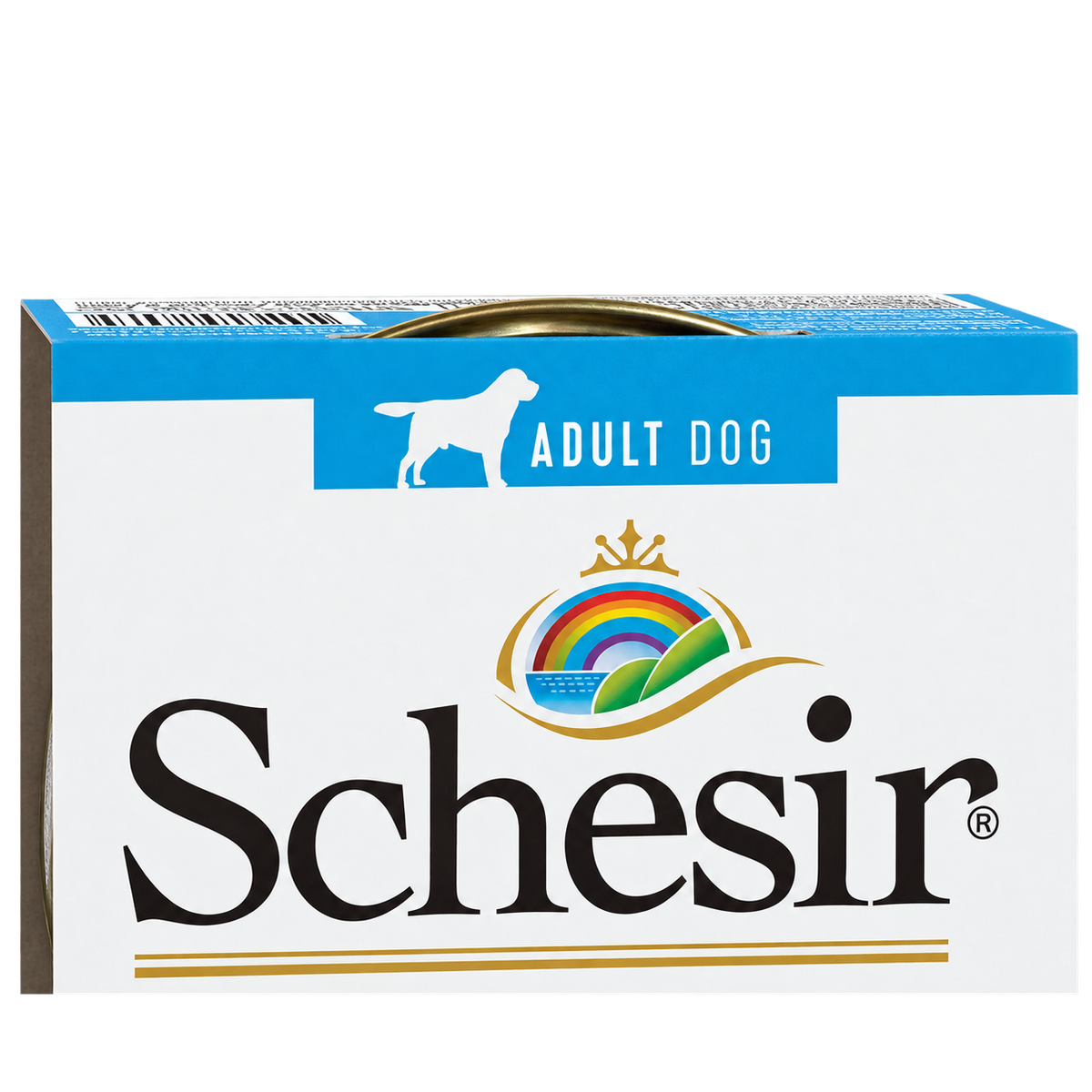 Detalle de la marca y la indicación Adult Dog del envase Schesir de atún
