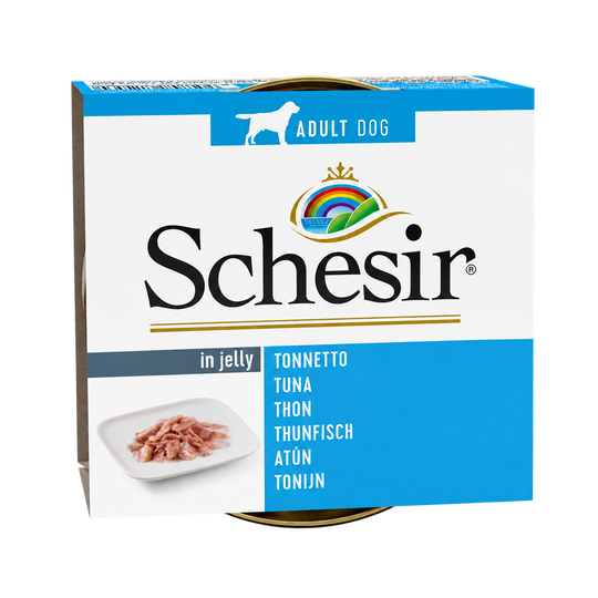 Envase de Schesir atún en gelatina para perros adultos, lata de 150 g
