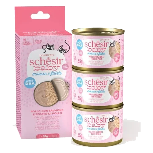 Schesir baby mousse con filetes pollo con salmón e higado de pollo 3x55 gr para gatos