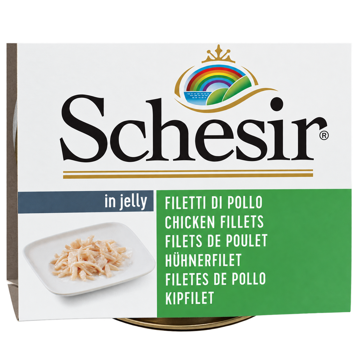 Detalle de la etiqueta de filetes de pollo en gelatina del envase Schesir para perros