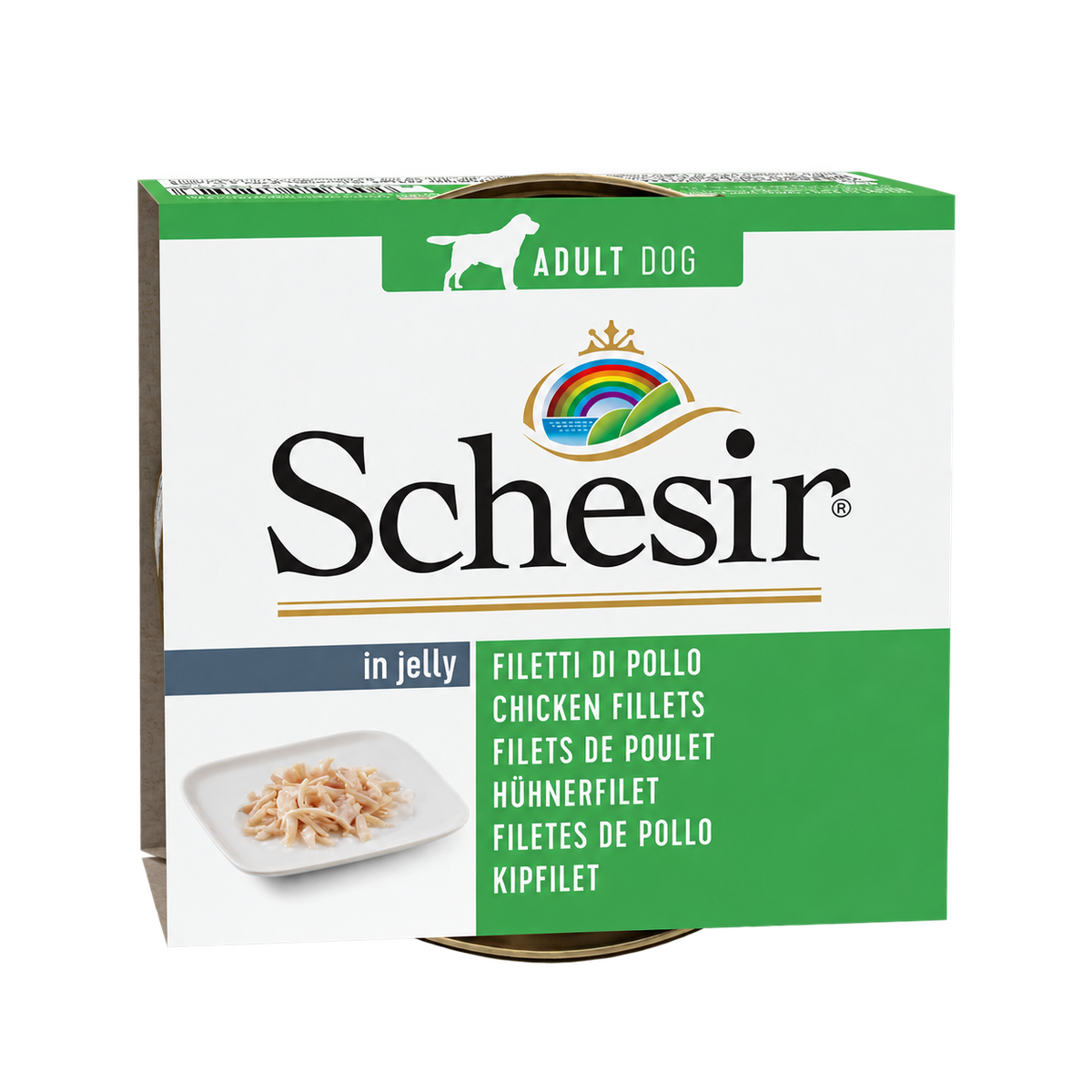 Envase de Schesir filetes de pollo en gelatina para perros adultos, lata de 150 g