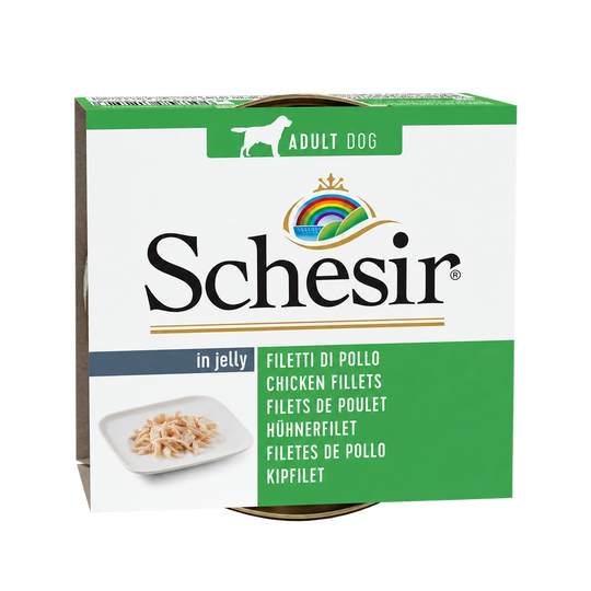 Envase de Schesir filetes de pollo en gelatina para perros adultos, lata de 150 g
