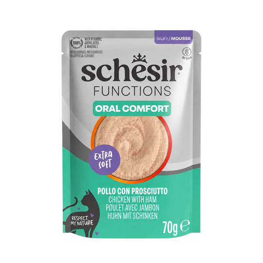 Schesir Functions Oral Comfort de pollo con jamón para gatos, 70 g