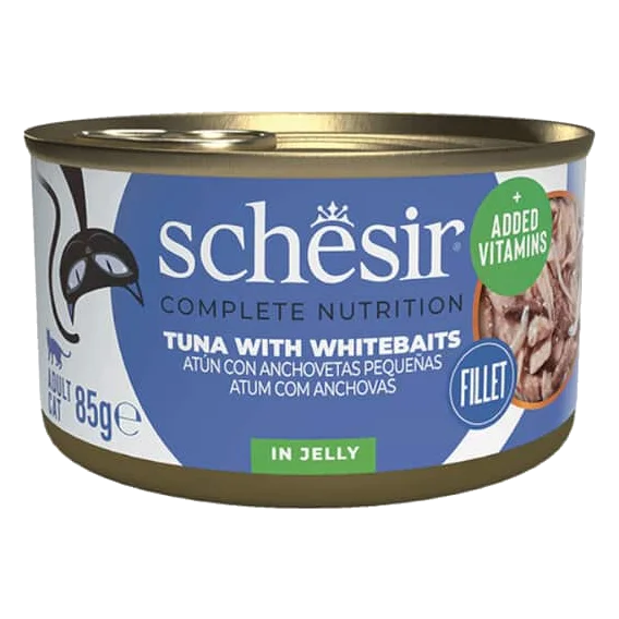 Schesir Lata Atún con anchovetas pequeñas 85g alimento completo para gatos