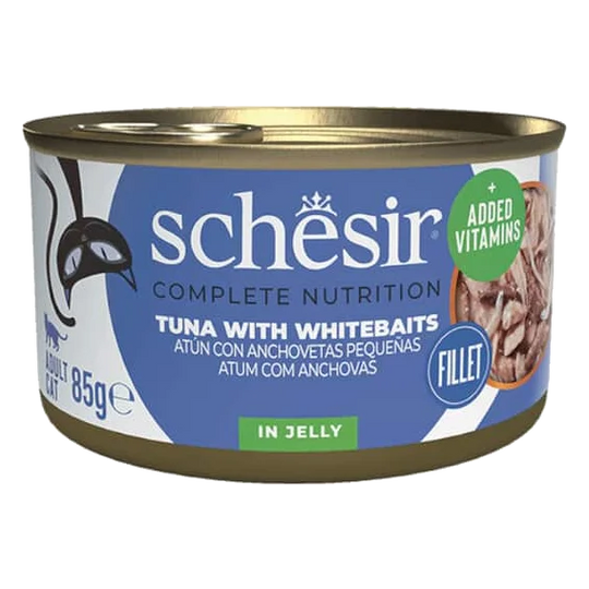 Schesir Lata Atún con anchovetas pequeñas 85g alimento completo para gatos