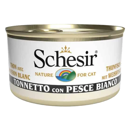 Schesir Lata Atún con pescado blanco 85 gr en gelatina para gatos