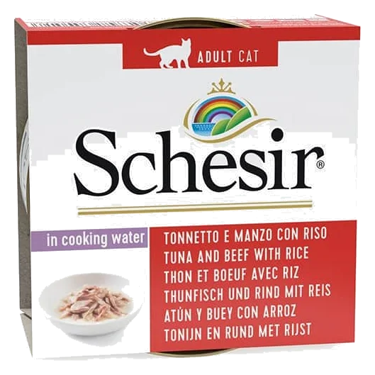 Schesir Lata Atún y buey con arroz al natural 85g formato antiguo para gatos