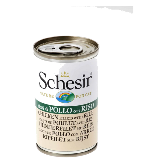 Schesir Lata Filetes de pollo con arroz 140g para gatos