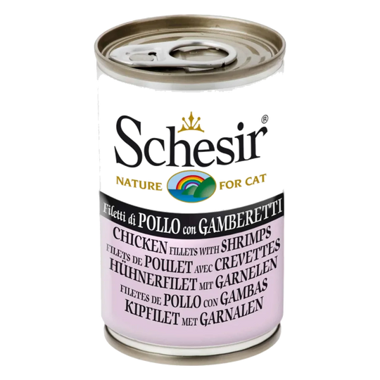 Schesir Lata Filetes de pollo con gambas 140g para gatos