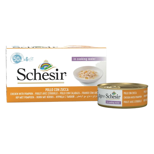 Schesir Latas Multipack Filetes de pollo con calabaza 6x50gr para gatos