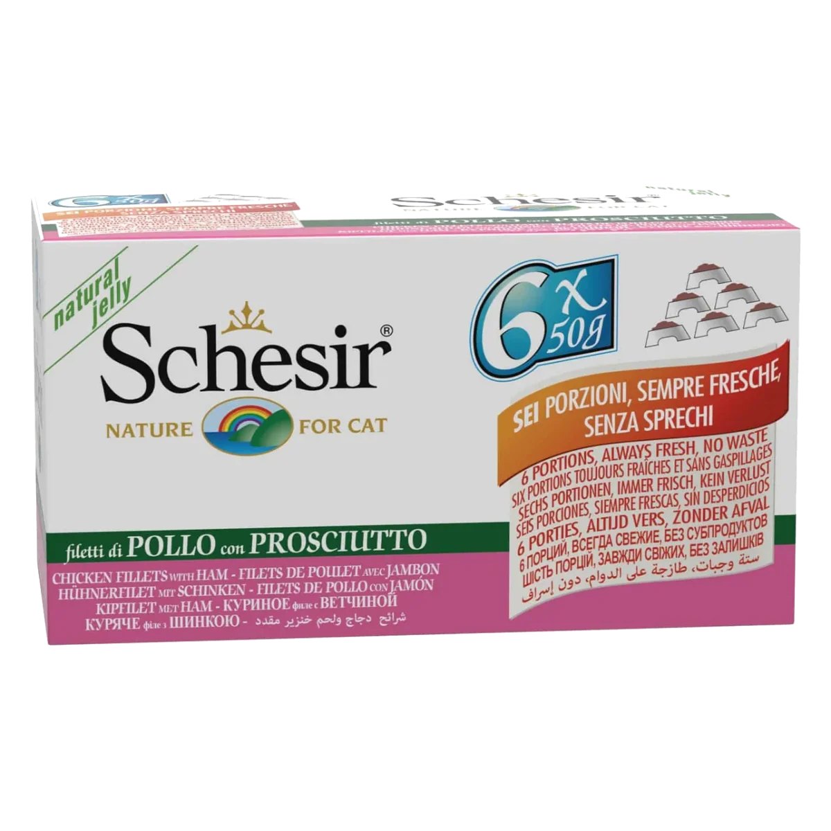 Schesir Latas Multipack Filetes de pollo con jamón 6x50gr para gatos