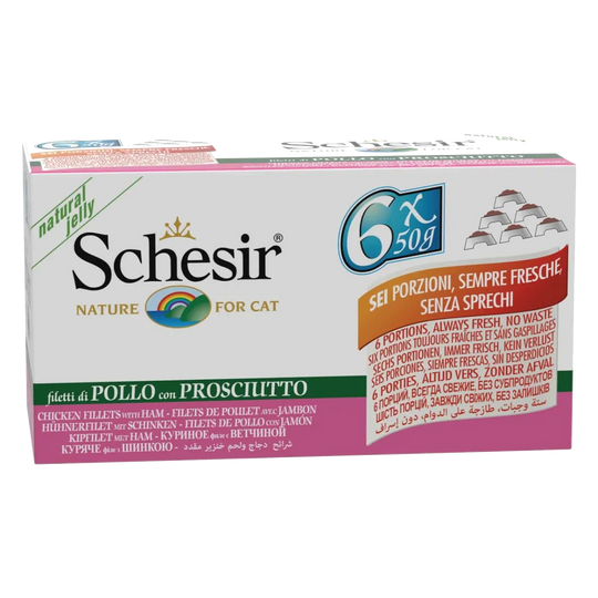 Schesir Latas Multipack Filetes de pollo con jamón 6x50gr para gatos