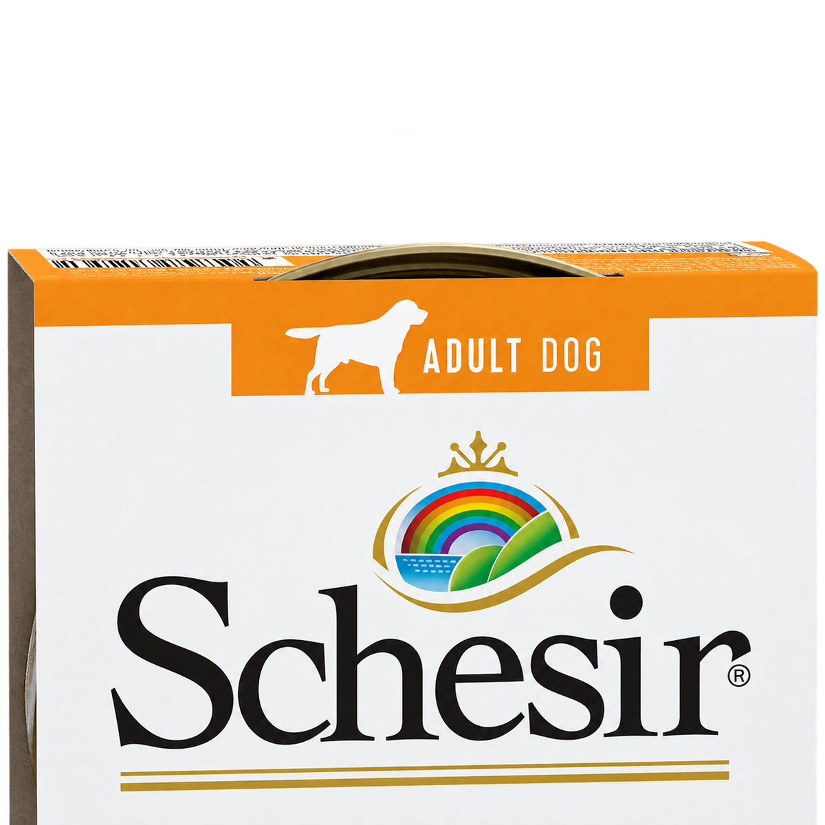 Detalle superior del envase Schesir pollo y aloe con la indicación Adult Dog