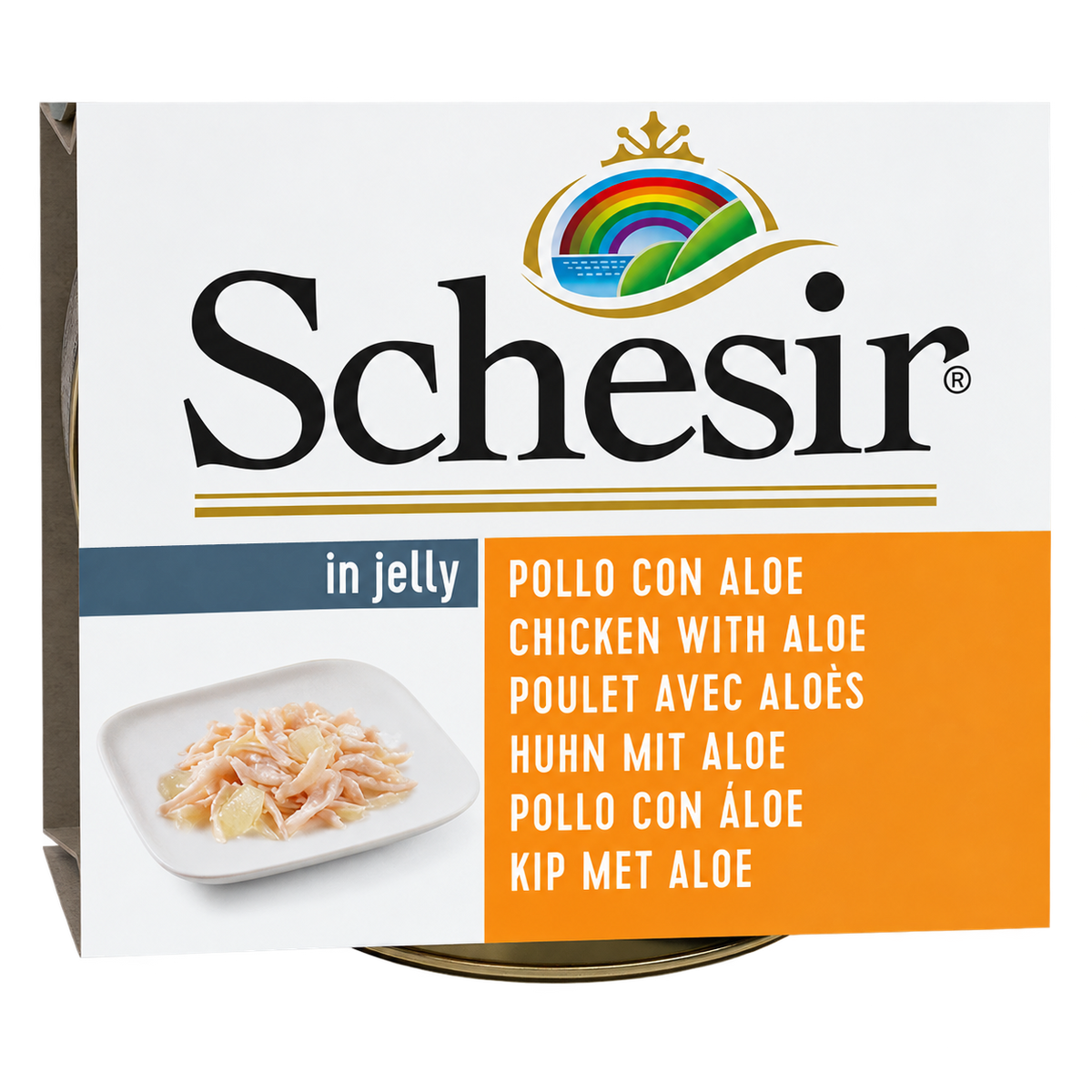Detalle de la etiqueta de pollo y aloe del envase Schesir para perros