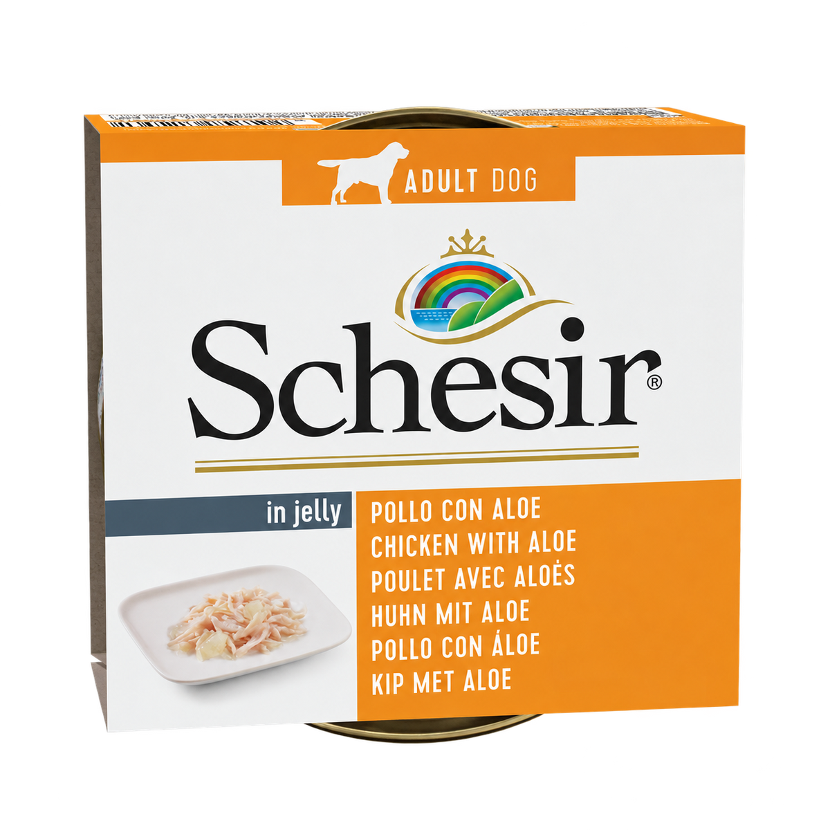 Envase de Schesir pollo y aloe para perros adultos, lata de 150 g