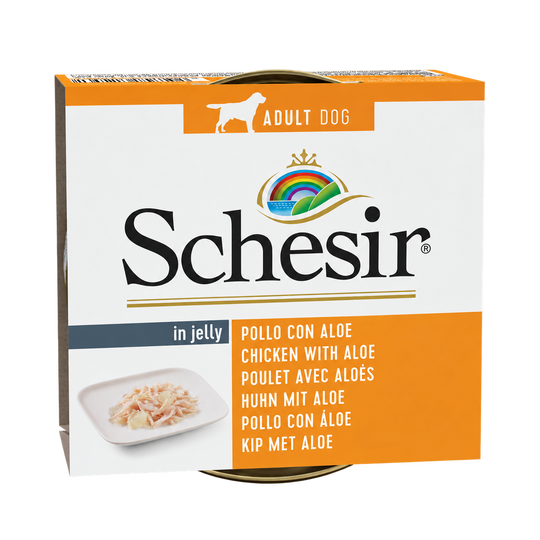 Envase de Schesir pollo y aloe para perros adultos, lata de 150 g