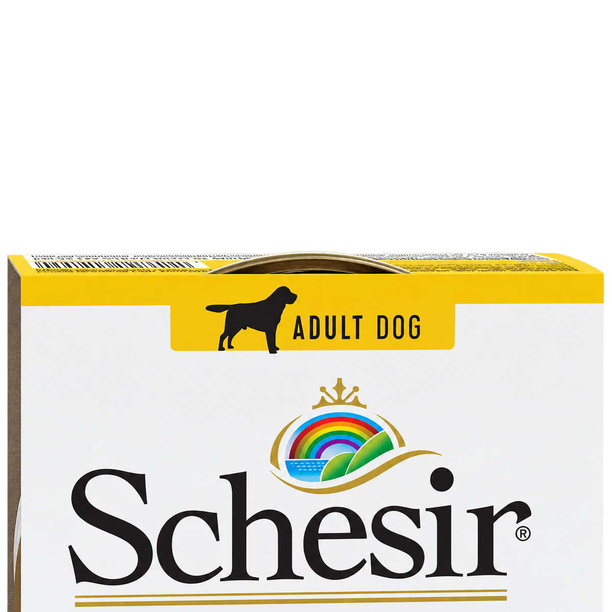 Detalle superior del envase Schesir pollo y jamón con la indicación Adult Dog