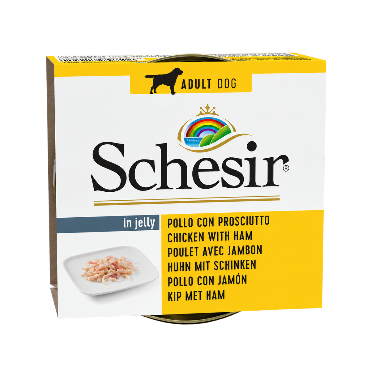 Envase de Schesir pollo y jamón para perros adultos, lata de 150 g