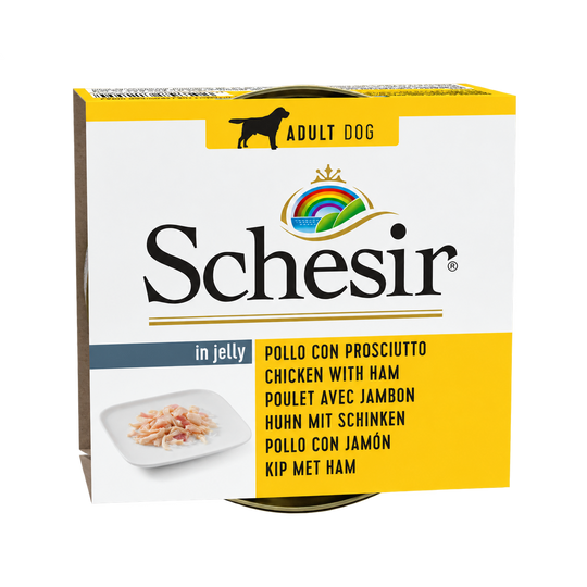 Envase de Schesir pollo y jamón para perros adultos, lata de 150 g