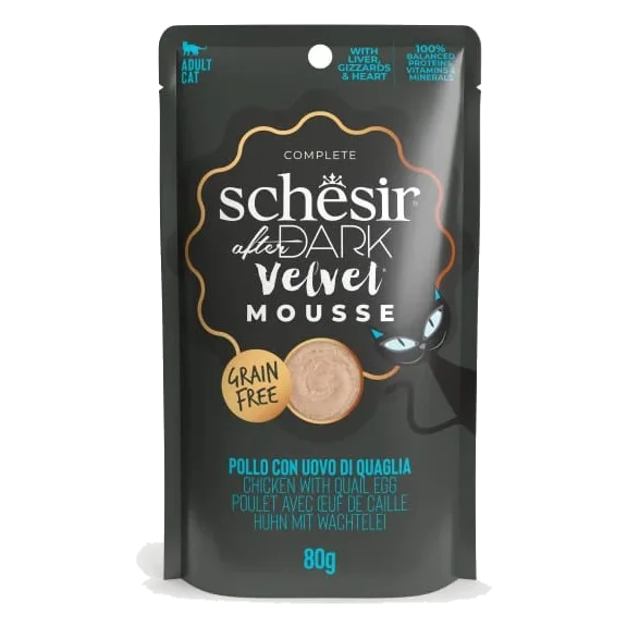 Schesir pouch After Dark velvet pollo con huevo de codorniz 80 gr para gatos