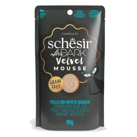 Schesir pouch After Dark velvet pollo con huevo de codorniz 80 gr para gatos