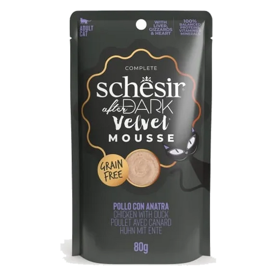 Schesir pouch After Dark velvet pollo con pato 80 gr para gatos