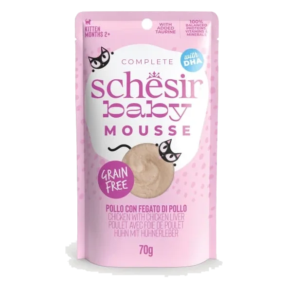 Schesir pouch baby mousse pollo con higado de pollo para gatos