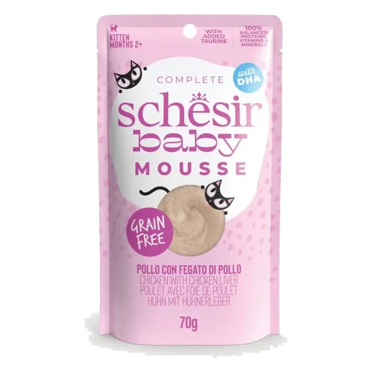 Schesir pouch baby mousse pollo con higado de pollo para gatos