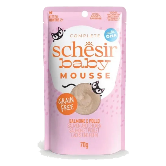 Schesir pouch baby mousse salmón con pollo para gatos
