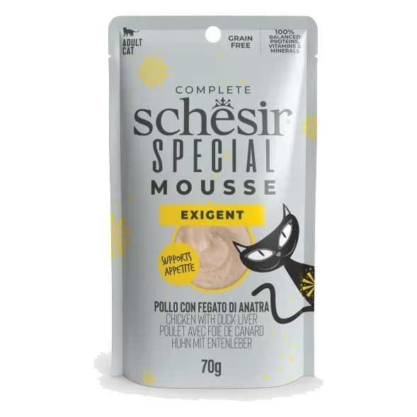 Schesir pouch exigent mousse pollo con higado de pato para gatos