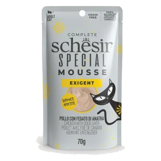Schesir pouch exigent mousse pollo con higado de pato para gatos