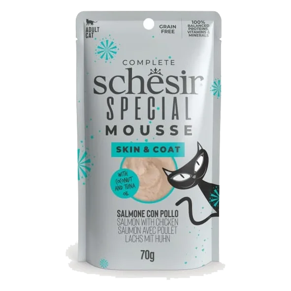 Schesir pouch mousse piel y pelaje salmón con pollo para gatos