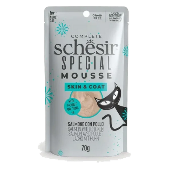 Schesir pouch mousse piel y pelaje salmón con pollo para gatos