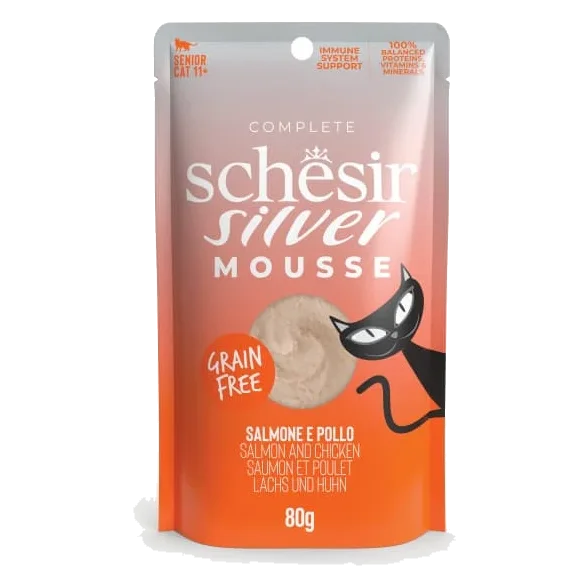 Schesir silver pouch mousse salmón con pollo 80 gr para gatos