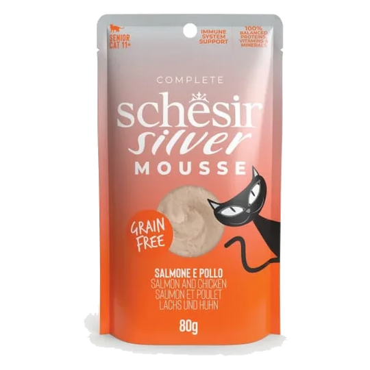 Schesir silver pouch mousse salmón con pollo 80 gr para gatos