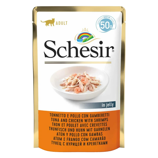 Schesir Sobre Atún y pollo con gambas 50g para gatos