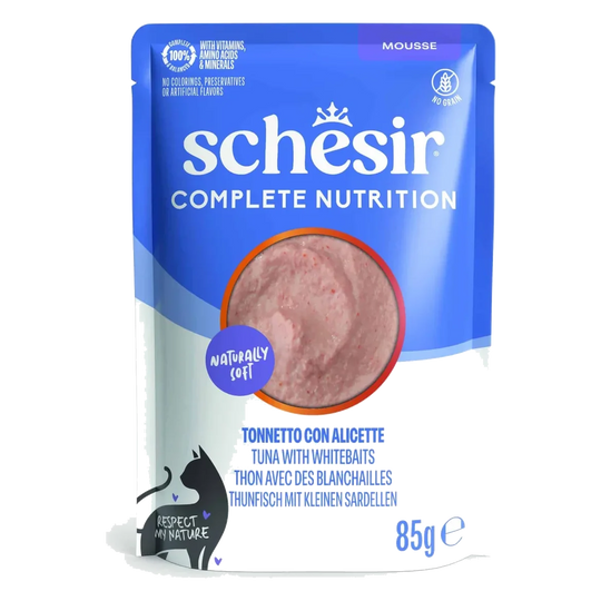 Schesir sobres 85 gr atún con anchoetas en mousse nutrición completa para gatos