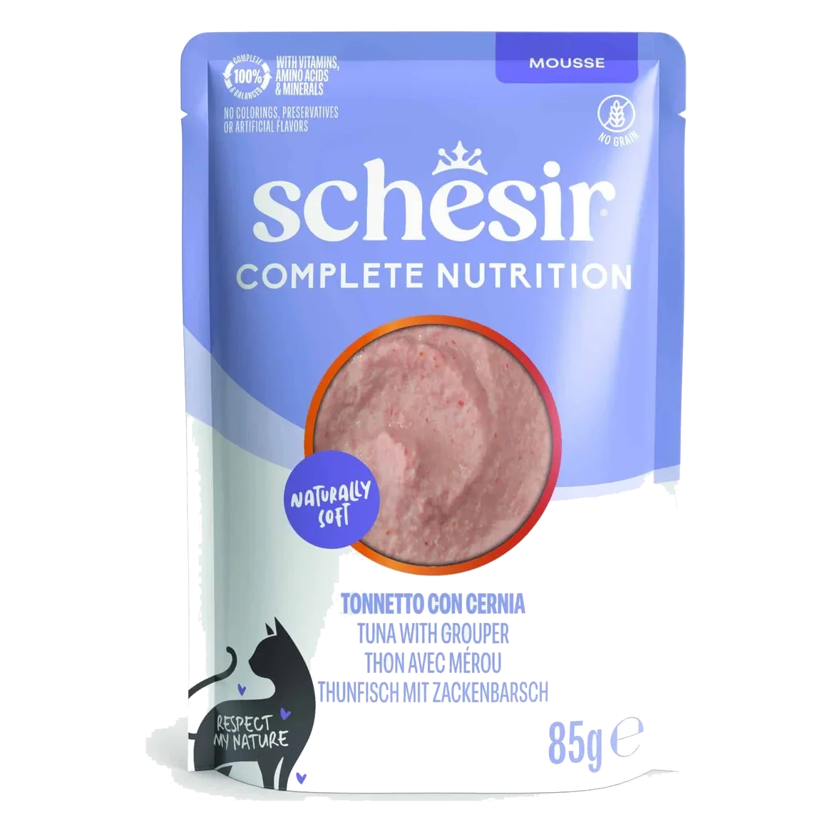Schesir sobres 85 gr atún con mero en mousse nutrición completa para gatos