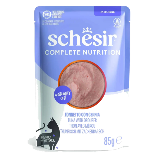 Schesir sobres 85 gr atún con mero en mousse nutrición completa para gatos