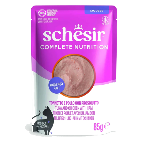 Schesir sobres 85 gr atún con pollo y jamón en mousse nutrición completa para gatos