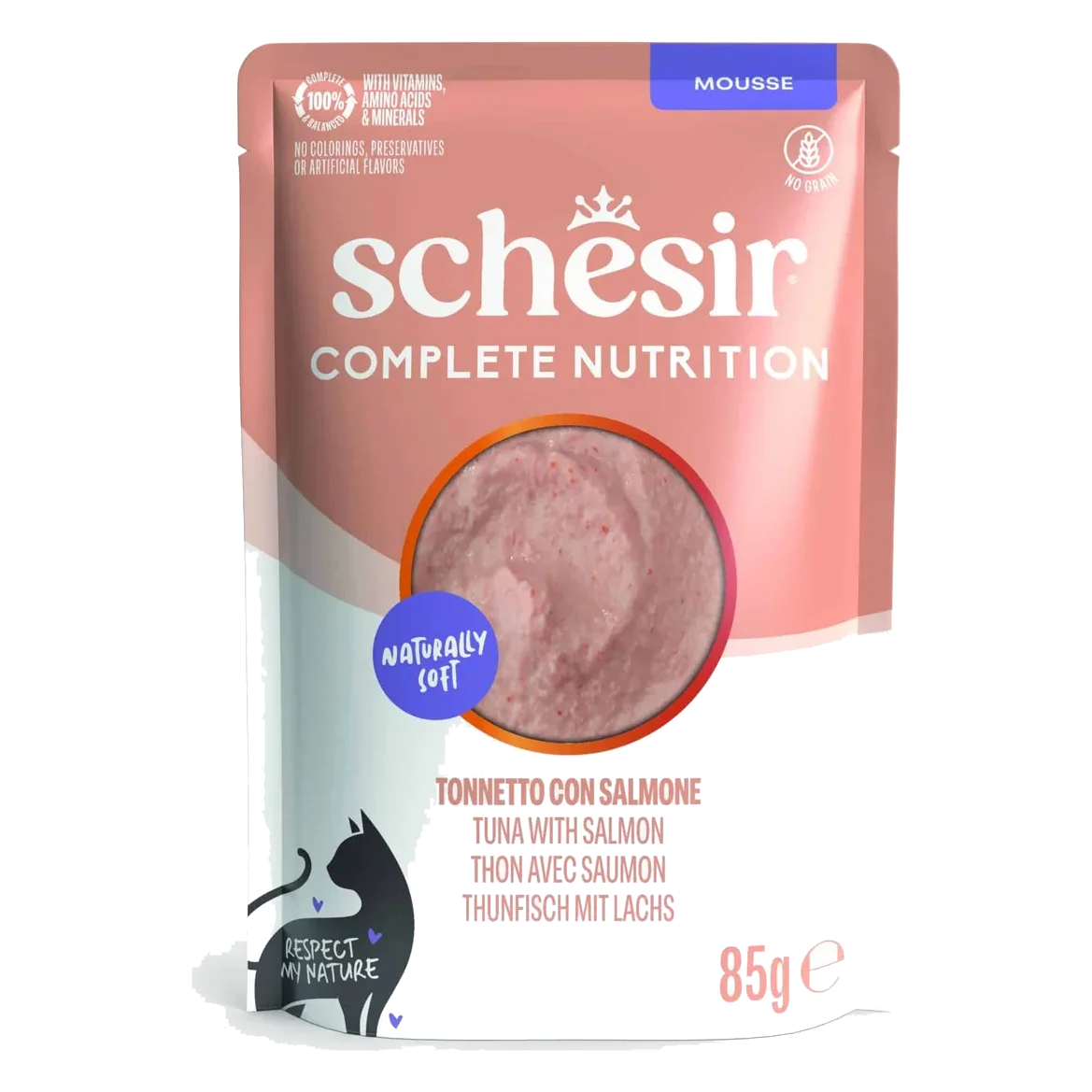 Schesir sobres 85 gr atún con salmón en mousse nutrición completa para gatos