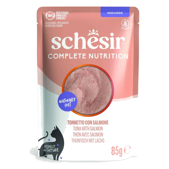 Schesir sobres 85 gr atún con salmón en mousse nutrición completa para gatos