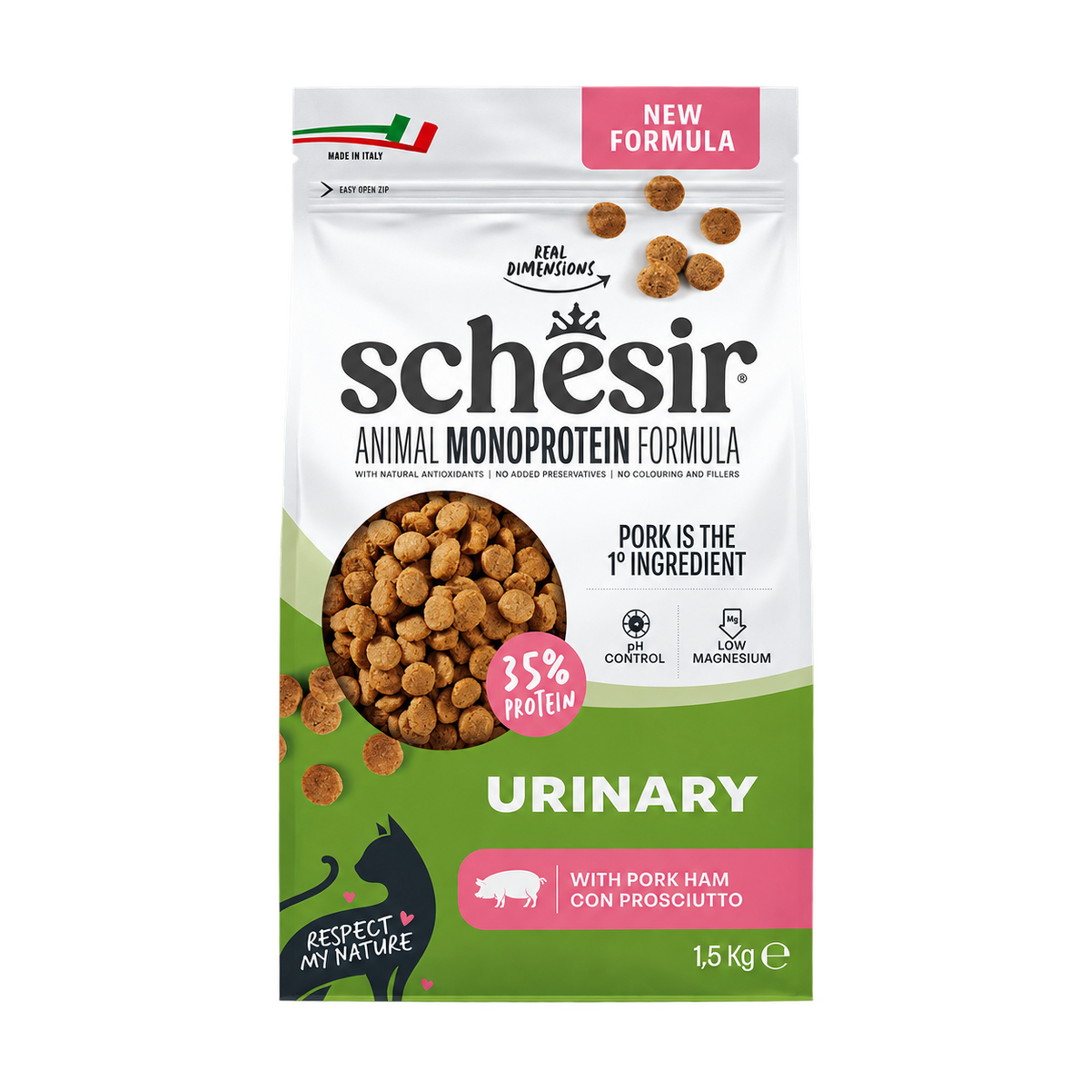 Schesir Animal Monoprotein Urinary con jamón para gatos, 1,5 kg